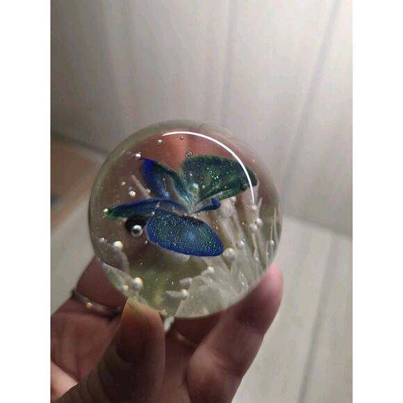 Vintage Glass Paperweight w/ Green & Blue Butterfly 2 1/2" Art Glass Beautiful - Picture 3 of 13